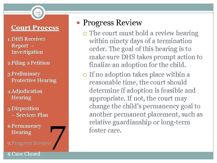 73 Court Process 1. DHS Receives Progress Review Report – Investigation 2. Filing a