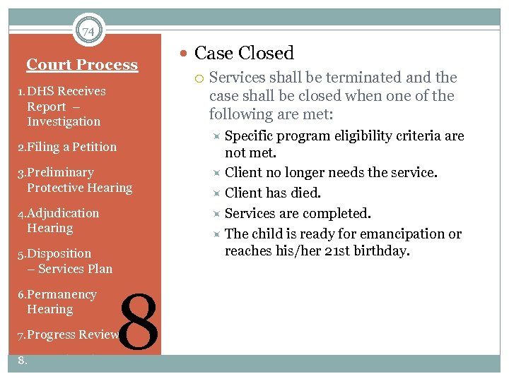 74 Court Process 1. DHS Receives Report – Investigation 2. Filing a Petition 3.