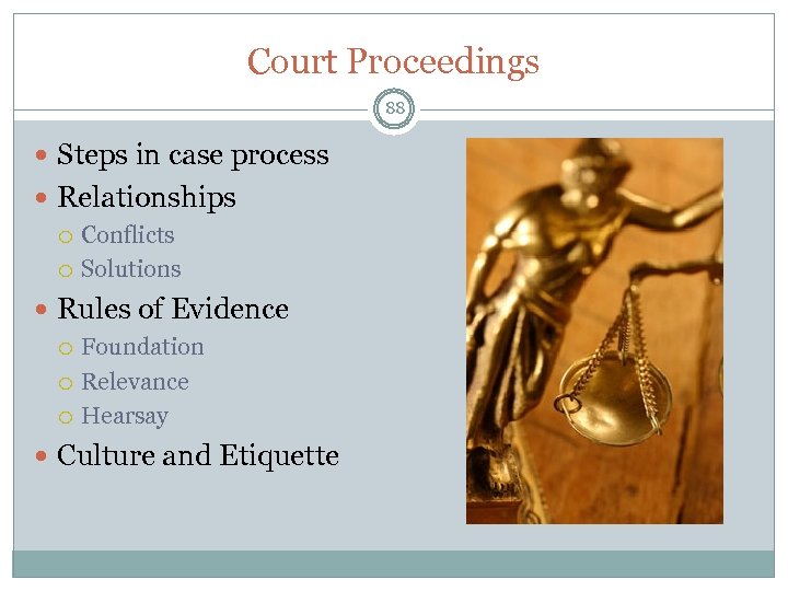 Court Proceedings 88 Steps in case process Relationships Conflicts Solutions Rules of Evidence Foundation