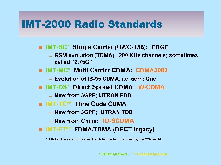 IMT-2000 Radio Standards n IMT-SC* Single Carrier (UWC-136): EDGE 0 GSM evolution (TDMA); 200