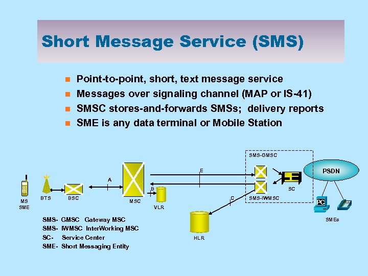 Short Message Service (SMS) n n Point-to-point, short, text message service Messages over signaling