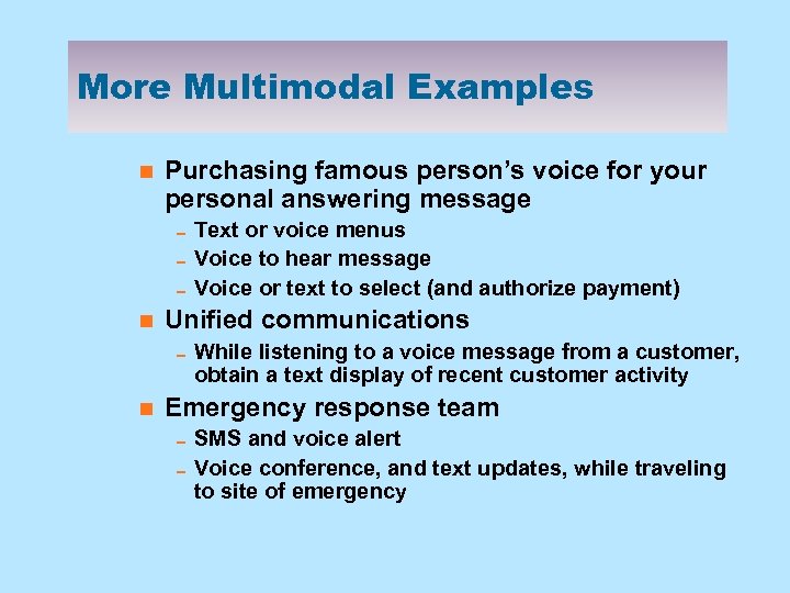 More Multimodal Examples n Purchasing famous person’s voice for your personal answering message 0