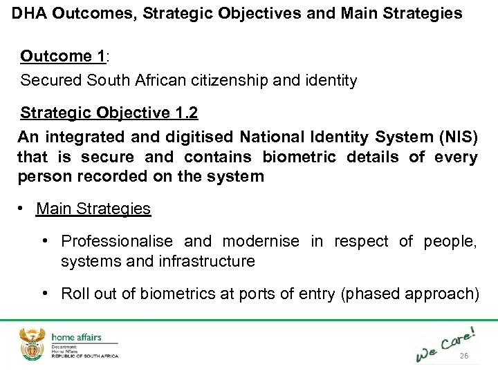 DHA Outcomes, Strategic Objectives and Main Strategies Outcome 1: Secured South African citizenship and