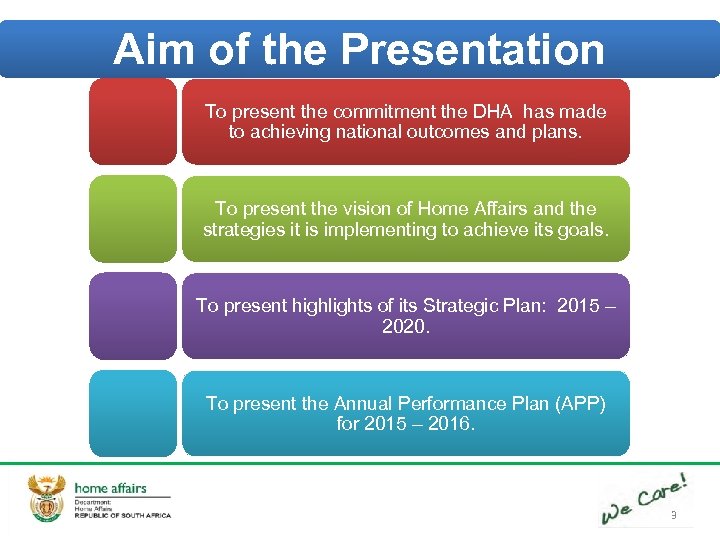 Aim of the Presentation To present the commitment the DHA has made to achieving