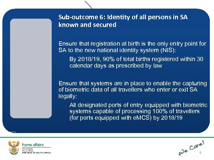 Sub-outcome 6: Identity of all persons in SA known and secured Ensure that registration