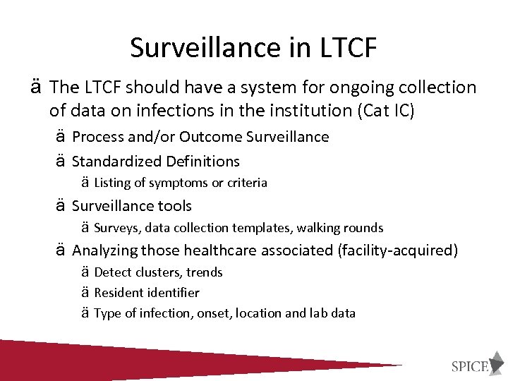 Surveillance in LTCF ä The LTCF should have a system for ongoing collection of