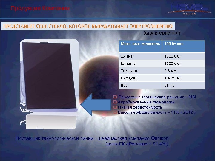Продукция Компании ПРЕДСТАВЬТЕ СЕБЕ СТЕКЛО, КОТОРОЕ ВЫРАБАТЫВАЕТ ЭЛЕКТРОЭНЕРГИЮ Характеристики Макс. вых. мощность 130 Вт