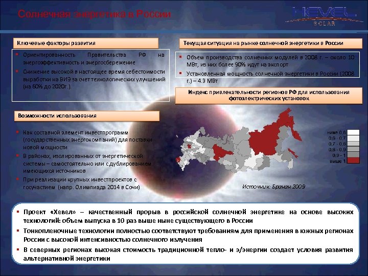 Солнечная энергетика в России Ключевые факторы развития § Ориентированность Правительства РФ на энергоэффективность и