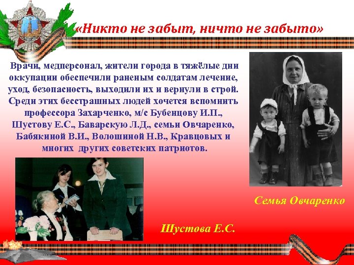  «Никто не забыт, ничто не забыто» Врачи, медперсонал, жители города в тяжёлые дни