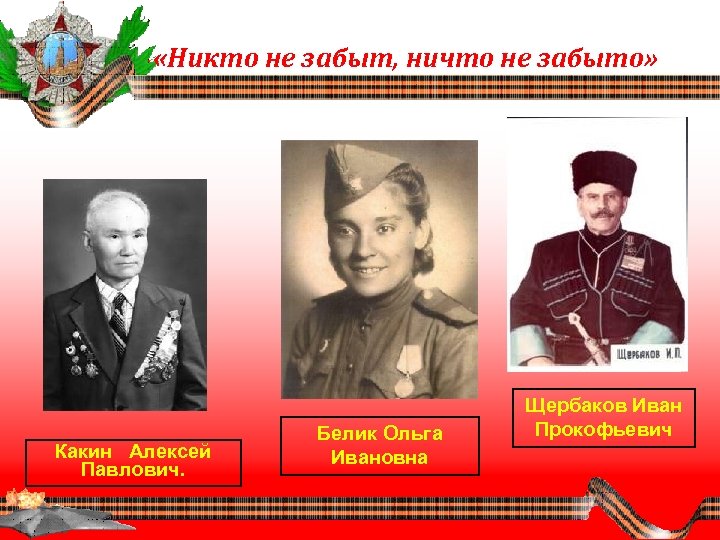  «Никто не забыт, ничто не забыто» Какин Алексей Павлович. Белик Ольга Ивановна Щербаков