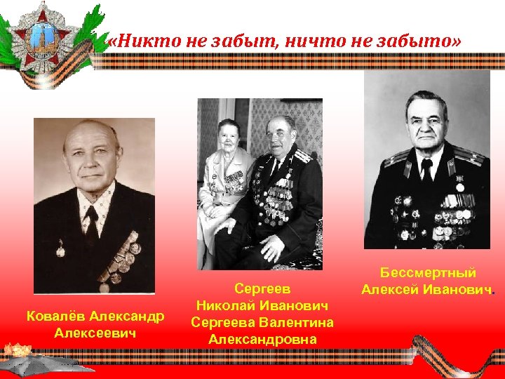  «Никто не забыт, ничто не забыто» Ковалёв Александр Алексеевич Сергеев Николай Иванович Сергеева