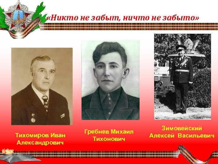  «Никто не забыт, ничто не забыто» Тихомиров Иван Александрович Гребнев Михаил Тихонович Зимовейский