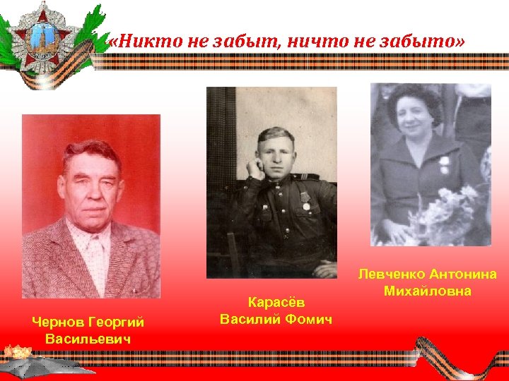  «Никто не забыт, ничто не забыто» Чернов Георгий Васильевич Карасёв Василий Фомич Левченко
