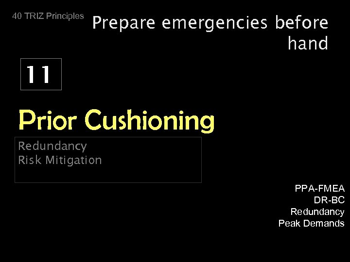 40 TRIZ Principles Prepare emergencies before hand 11 Prior Cushioning Redundancy Risk Mitigation PPA-FMEA