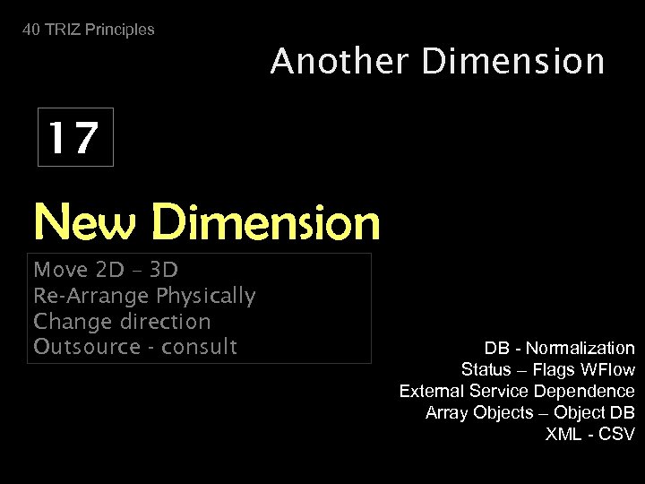 40 TRIZ Principles Another Dimension 17 New Dimension Move 2 D – 3 D