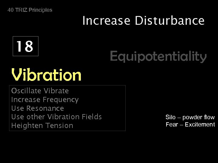 40 TRIZ Principles Increase Disturbance 18 Equipotentiality Vibration Oscillate Vibrate Increase Frequency Use Resonance