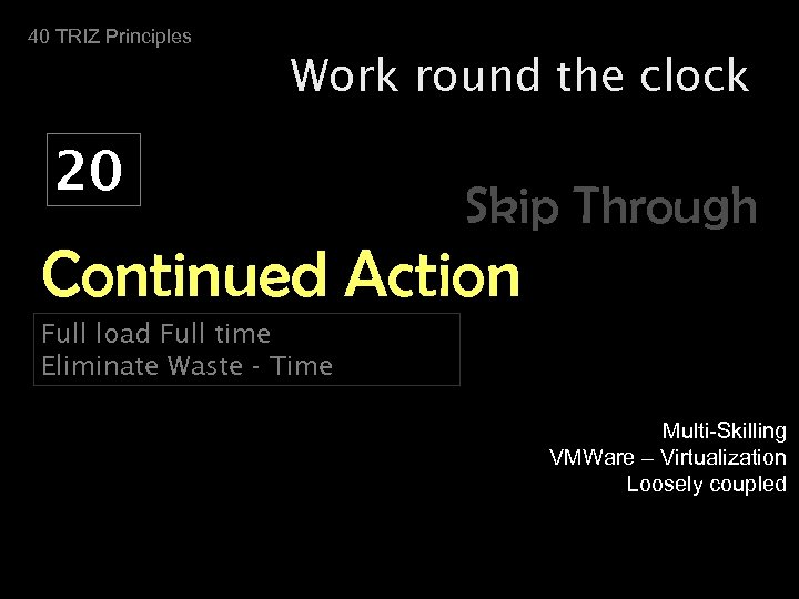 40 TRIZ Principles Work round the clock 20 Skip Through Continued Action Full load