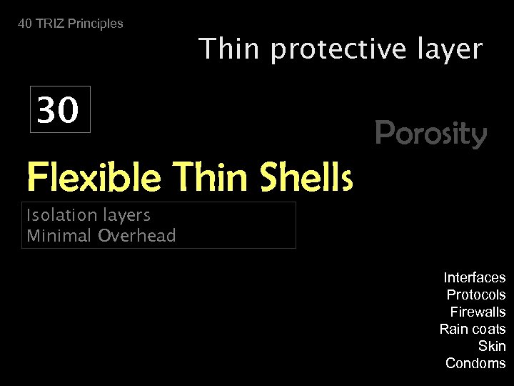 40 TRIZ Principles Thin protective layer 30 Porosity Flexible Thin Shells Isolation layers Minimal