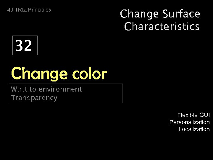 40 TRIZ Principles Change Surface Characteristics 32 Change color W. r. t to environment
