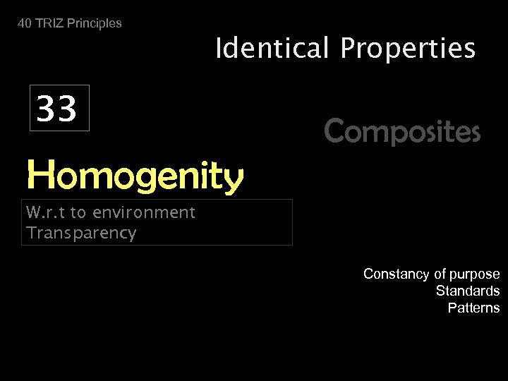 40 TRIZ Principles Identical Properties 33 Composites Homogenity W. r. t to environment Transparency