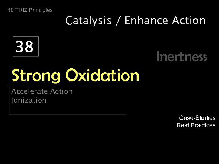 40 TRIZ Principles Catalysis / Enhance Action 38 Inertness Strong Oxidation Accelerate Action Ionization