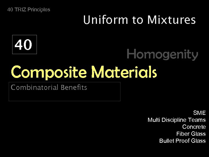 40 TRIZ Principles Uniform to Mixtures 40 Homogenity Composite Materials Combinatorial Benefits SME Multi