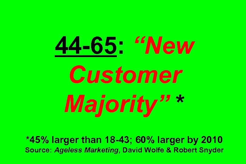 44 -65: “New Customer Majority” * *45% larger than 18 -43; 60% larger by