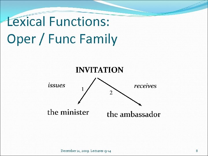 Lexical Functions: Oper / Func Family December 21, 2009. Lectures 13 -14 8 