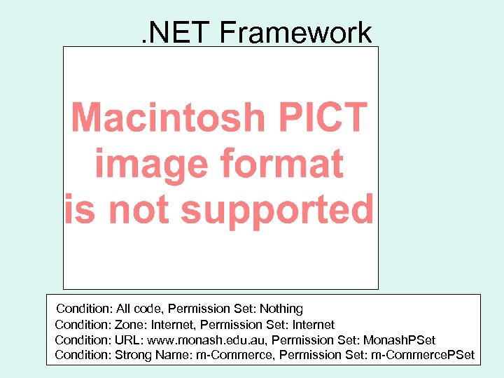 . NET Framework Condition: All code, Permission Set: Nothing Condition: Zone: Internet, Permission Set: