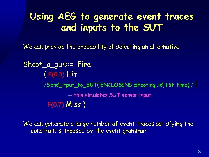 Using AEG to generate event traces and inputs to the SUT We can provide
