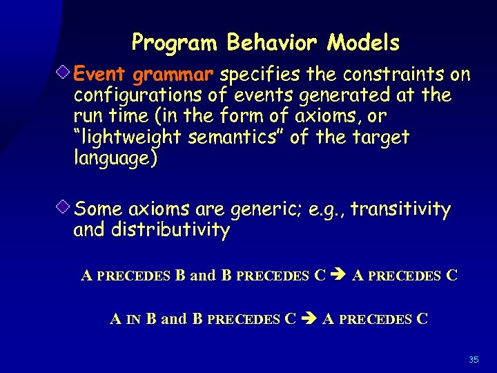 Program Behavior Models Event grammar specifies the constraints on configurations of events generated at