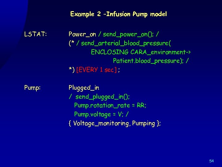 Example 2 –Infusion Pump model LSTAT: Power_on / send_power_on(); / (* / send_arterial_blood_pressure( ENCLOSING
