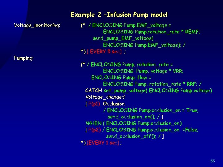 Example 2 –Infusion Pump model Voltage_monitoring: Pumping: (* / ENCLOSING Pump. EMF_voltage = ENCLOSING