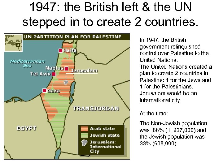 1947: the British left & the UN stepped in to create 2 countries. In