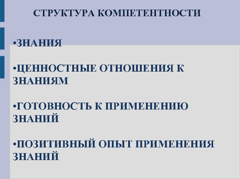 СТРУКТУРА КОМПЕТЕНТНОСТИ • ЗНАНИЯ • ЦЕННОСТНЫЕ ОТНОШЕНИЯ К ЗНАНИЯМ • ГОТОВНОСТЬ К ПРИМЕНЕНИЮ ЗНАНИЙ