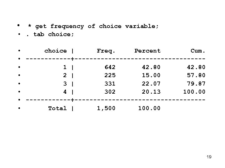  • * get frequency of choice variable; • . tab choice; • choice
