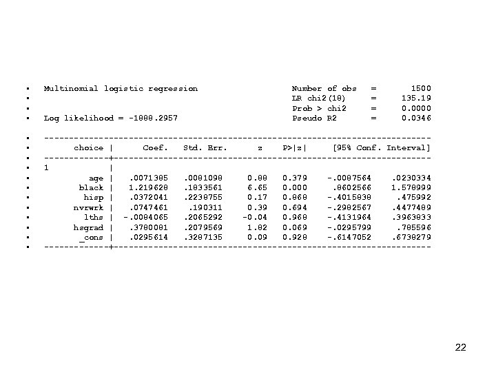 • • Multinomial logistic regression • • • ---------------------------------------choice | Coef. Std. Err.
