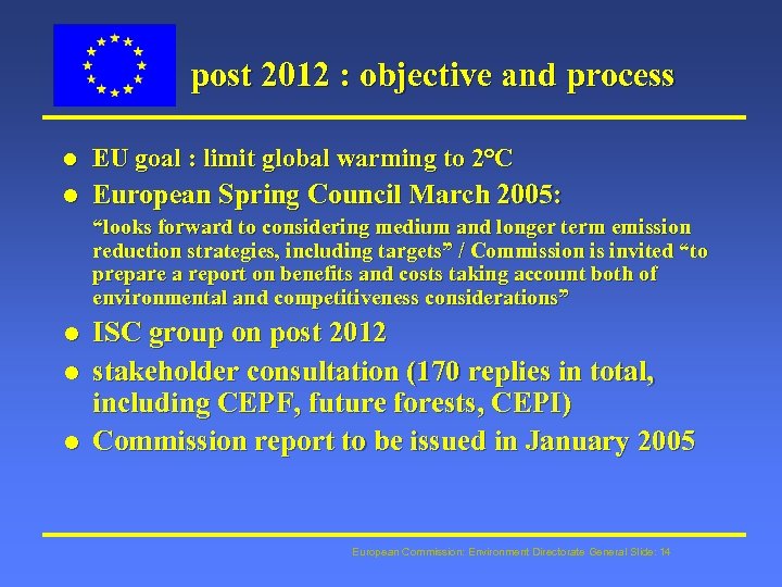 post 2012 : objective and process l EU goal : limit global warming to