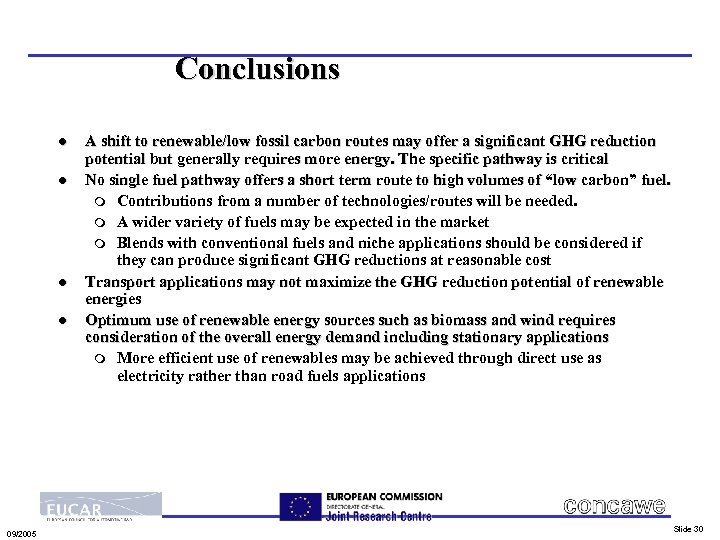 Conclusions l l 09/2005 A shift to renewable/low fossil carbon routes may offer a
