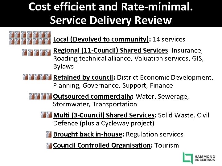 Cost efficient and Rate-minimal. Service Delivery Review Local (Devolved to community): 14 services Regional