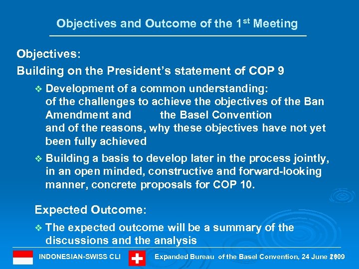 Objectives and Outcome of the 1 st Meeting Objectives: Building on the President’s statement