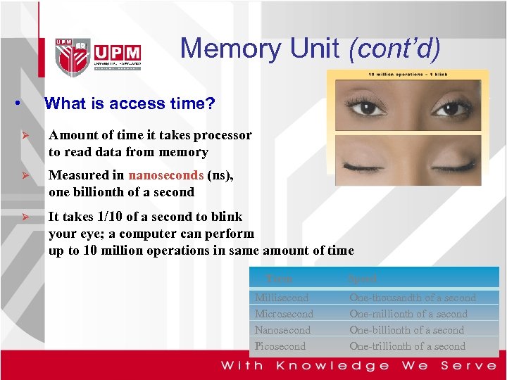 Memory Unit (cont’d) • What is access time? Ø Amount of time it takes