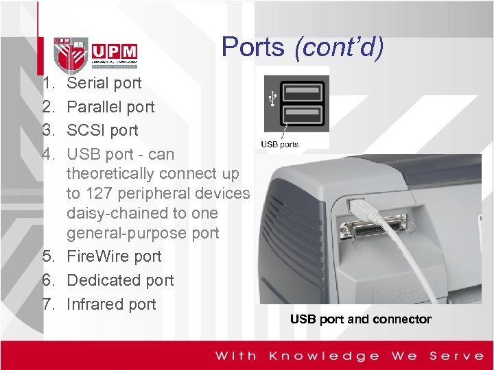 Ports (cont’d) 1. 2. 3. 4. Serial port Parallel port SCSI port USB port