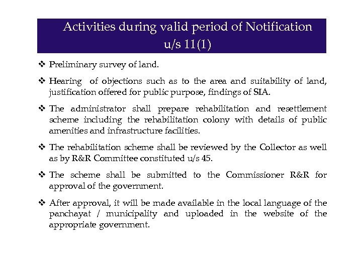 Activities during valid period of Notification u/s 11(1) v Preliminary survey of land. v