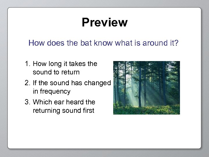Preview How does the bat know what is around it? 1. How long it