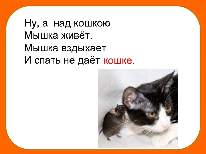 Ну, а над кошкою Мышка живёт. Мышка вздыхает И спать не даёт кошке. 