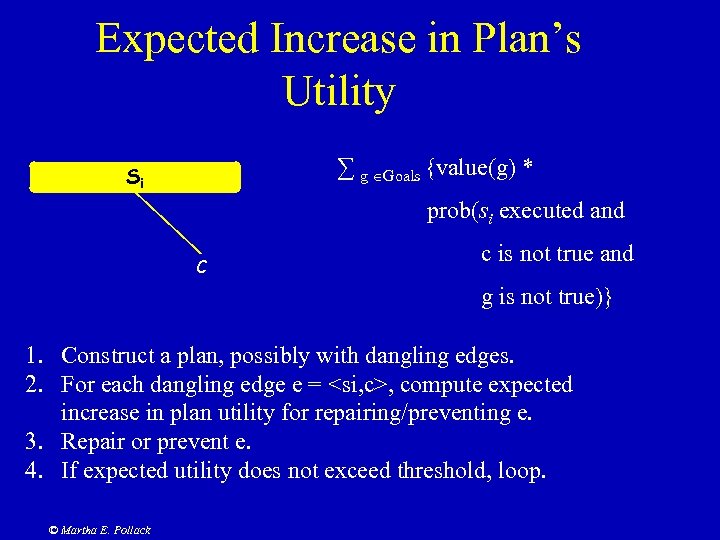 Expected Increase in Plan’s Utility ∑ g Goals {value(g) * Si prob(si executed and