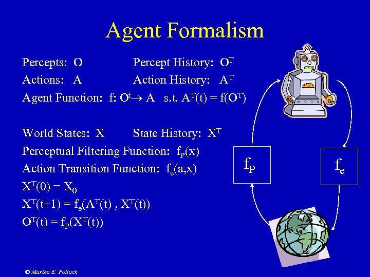 Agent Formalism Percepts: O Percept History: OT Actions: A Action History: AT Agent Function:
