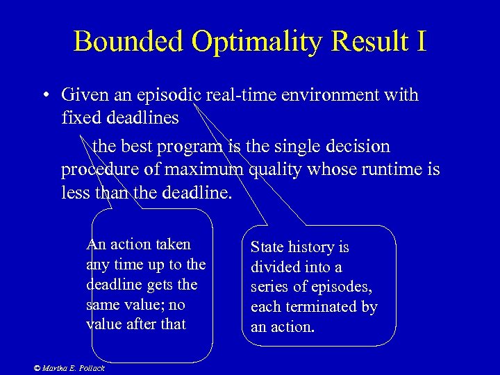 Bounded Optimality Result I • Given an episodic real-time environment with fixed deadlines the
