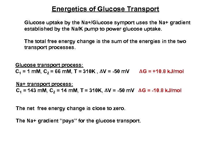 Energetics of Glucose Transport Glucose uptake by the Na+/Glucose symport uses the Na+ gradient